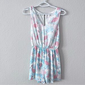 NWT Everly Size XS Pink Flamingo Open Back Romper Teal White Sleeveless
